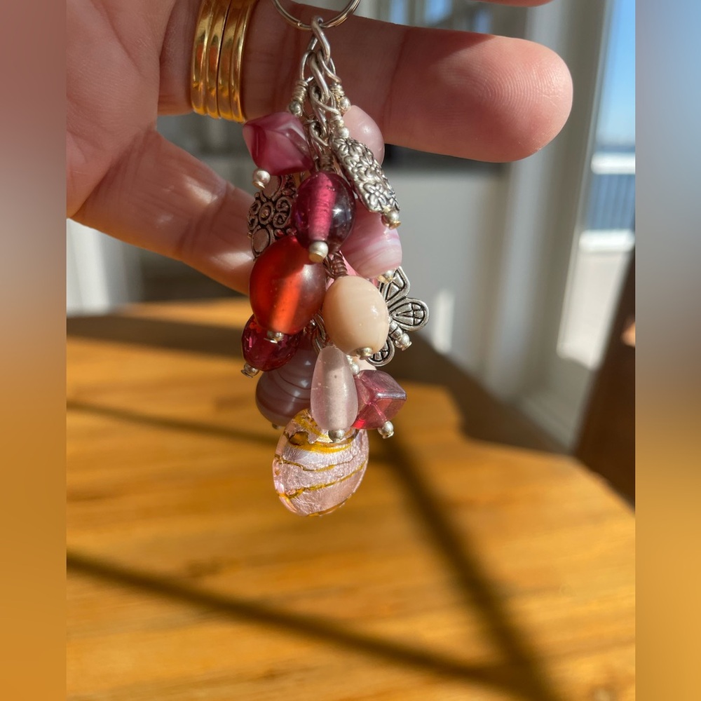 Handmade Long Pink Bead Grape Hand Bag Charm Keychain Snap Hook Clip